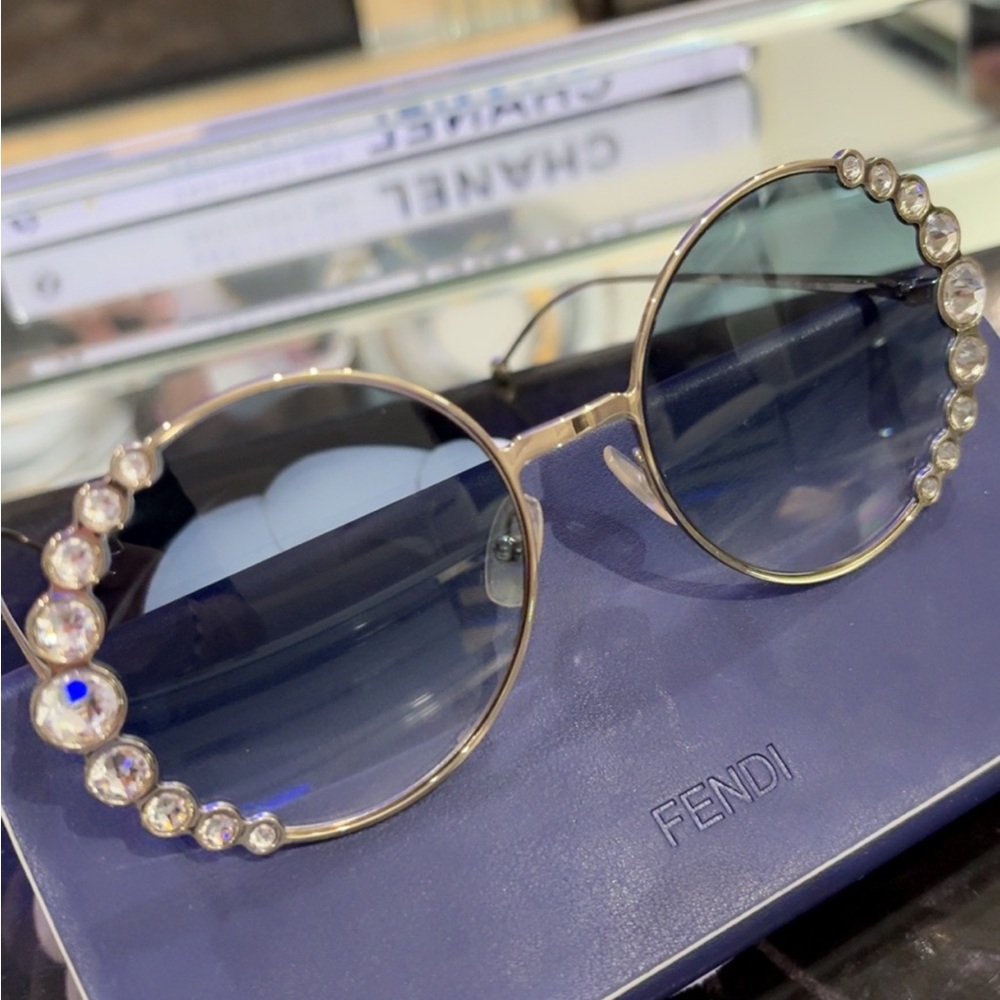 Fendi Crystal-Embellished Gold Sunglasses with Blue Lenses